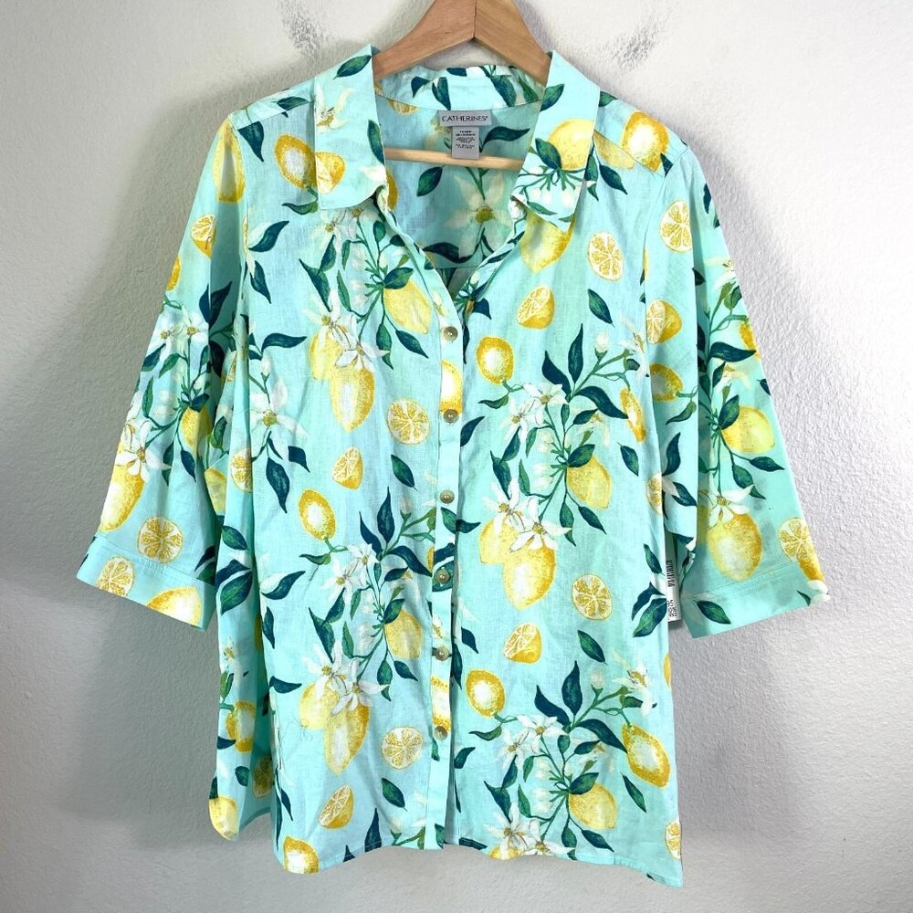 NEW $49 Catherines 1XWP Linen Blend Button Shirt Lemon Print Short Sleeve Top